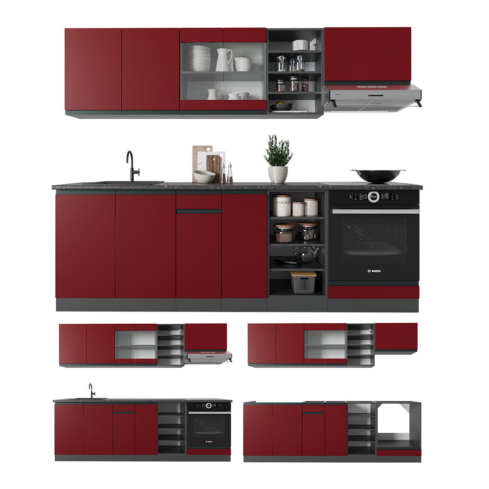 Küchenzeile "R-Line" Rot/Anthrazit 240 cm J-Shape livinity®