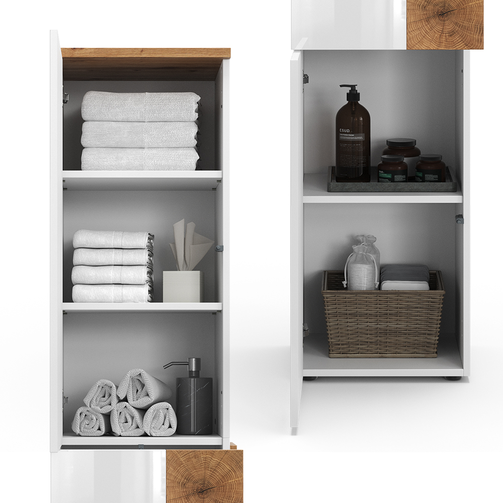 Badschrank "Eden" Weiß Hochglanz/Artisan-Eiche 40 x 184.2 cm mit 2 Türen und Schublade livinity®