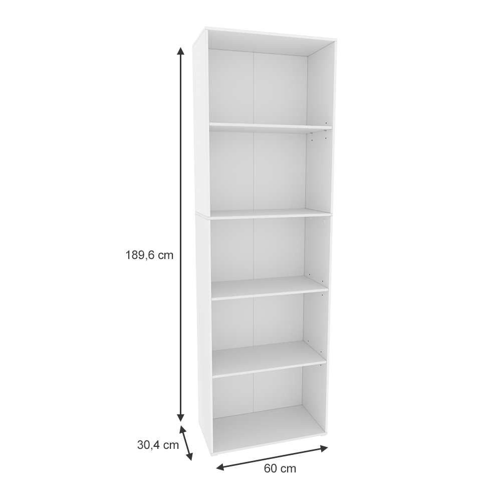 Bücherregal "Bob" Weiß/Weiß 60 x 190 cm mit 5 Fächern livinity®