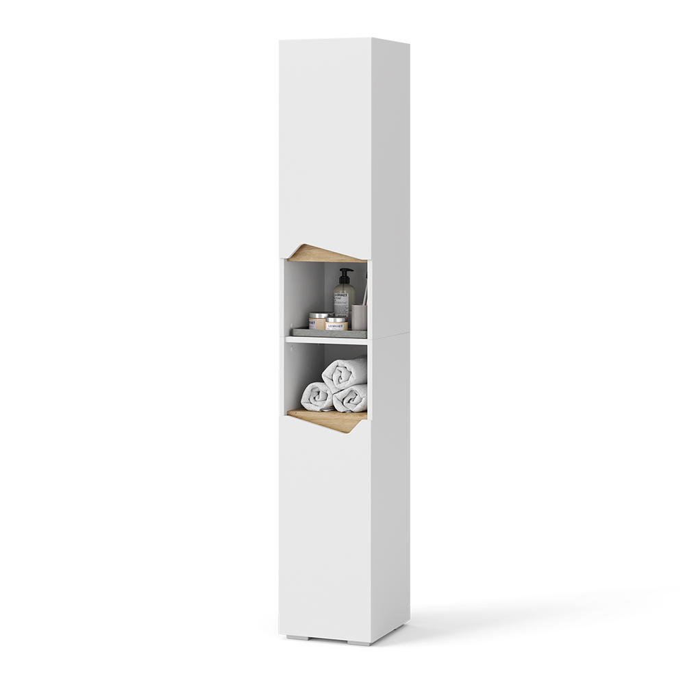 Badschrank "Marelle" Weiß/Artisan-Eiche 30 x 180 cm mit Türen, und offenen Fächern livinity®