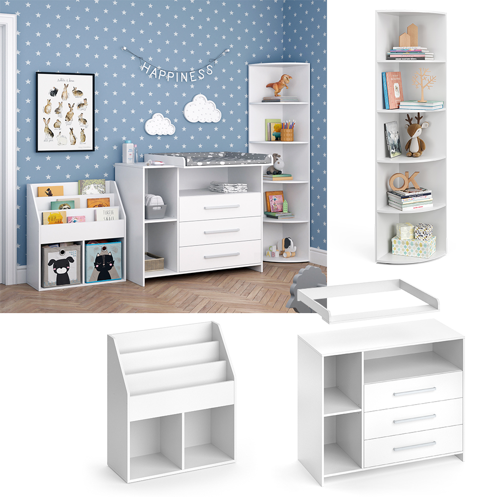 Kinderzimmer-Set "Oskar" Weiß 3 Teile, mit Wickelkommode, Spielzeugregal und Bücherregal livinity®