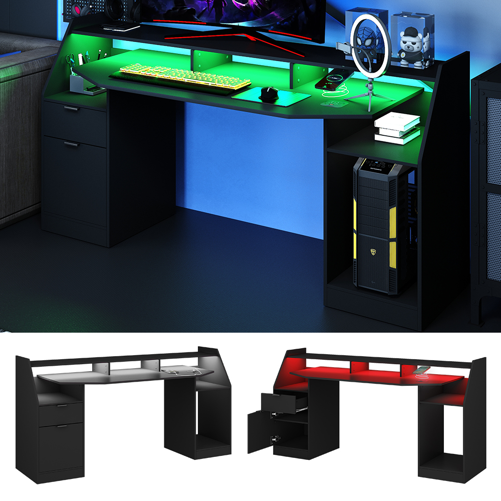 Gaming Tisch "Sonic" Schwarz 179.8 x 65.5 cm mit LED-Beleuchtung und QI- Ladestation livinity®