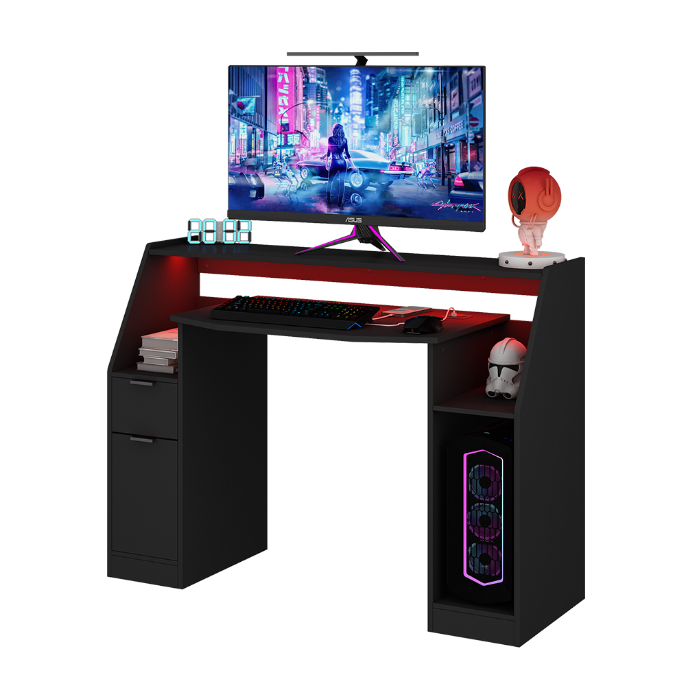 Gaming Tisch "Tails" Schwarz 123 x 55 cm mit LED & QI livinity®