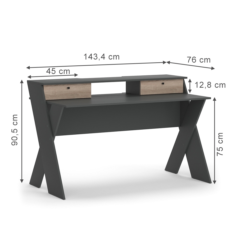 Gaming Tisch "Xesco" Anthrazit/Sonoma 143.4 x 76 cm mit 2 Schubladen livinity®