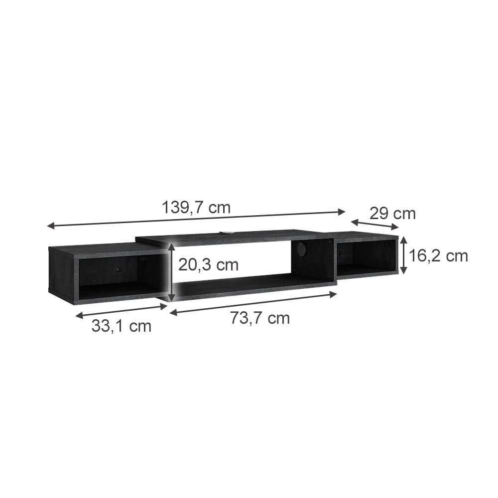 TV Schrank "Nordic" Schwarz Beton 139.7 x 20.3 cm mit offenen Regalen livinity®