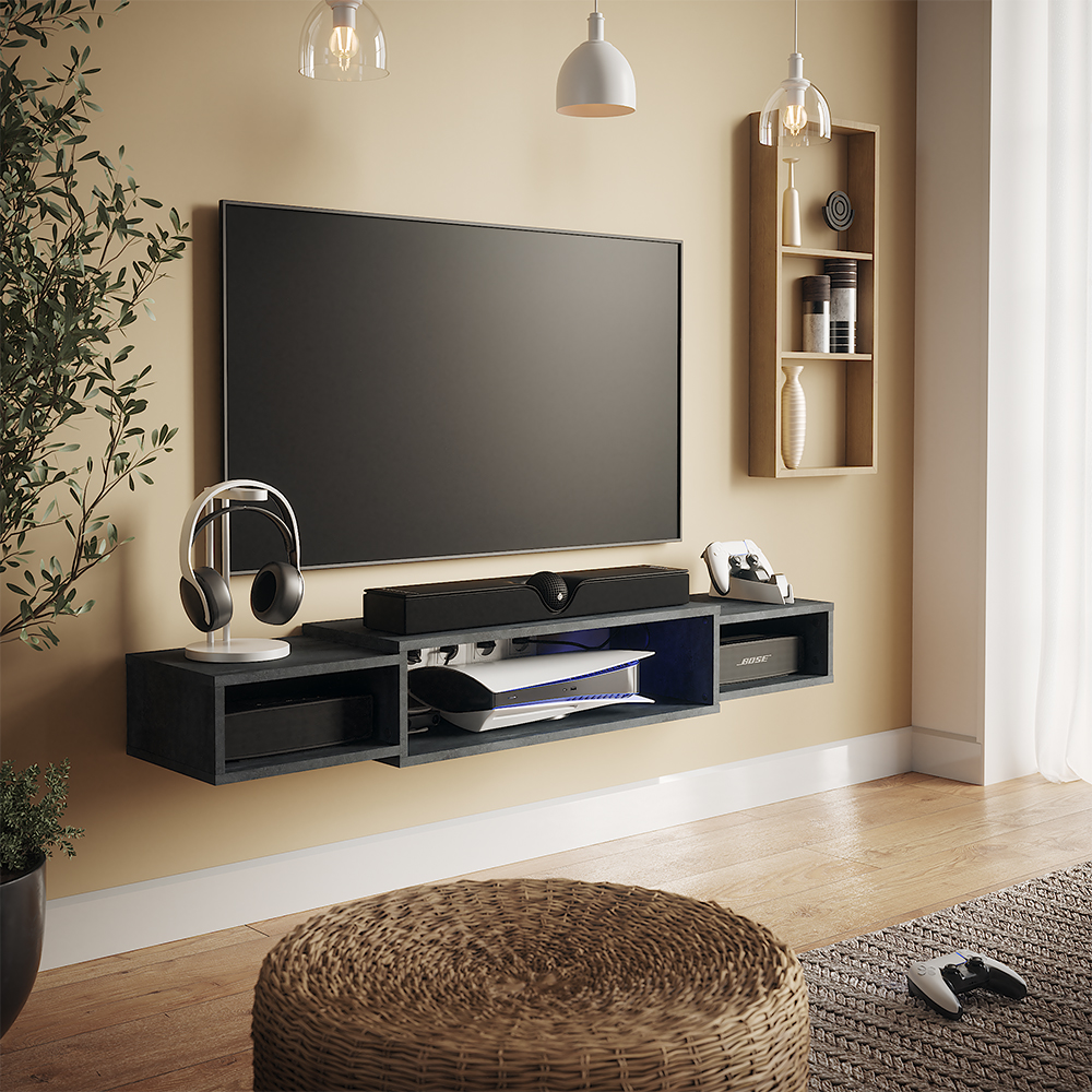 TV Schrank "Nordic" Schwarz Beton 139.7 x 20.3 cm mit offenen Regalen livinity®