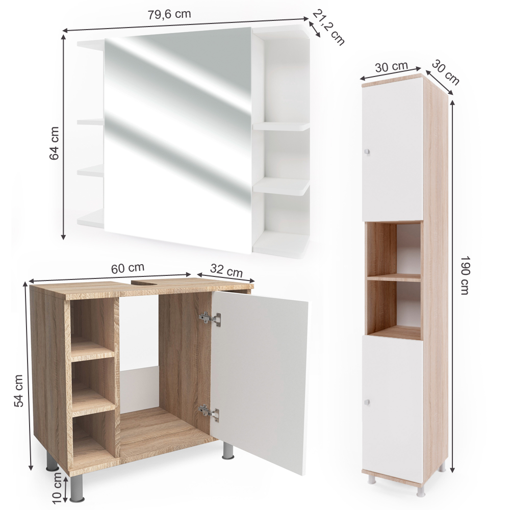 Badmöbel Set "Fynn" Sonoma/Weiß 3 Teile, mit Hochschrank livinity®