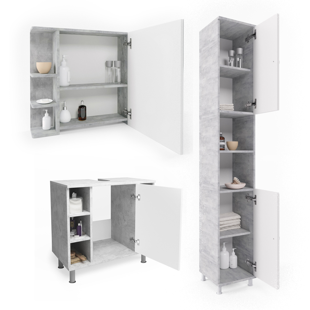 Badmöbel Set "Fynn" Beton/Weiß 3 Teile, mit Hochschrank livinity®