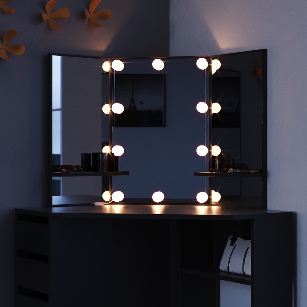 Eckschminktisch "Arielle" Schwarz 110 cm mit LED Beleuchtung livinity®