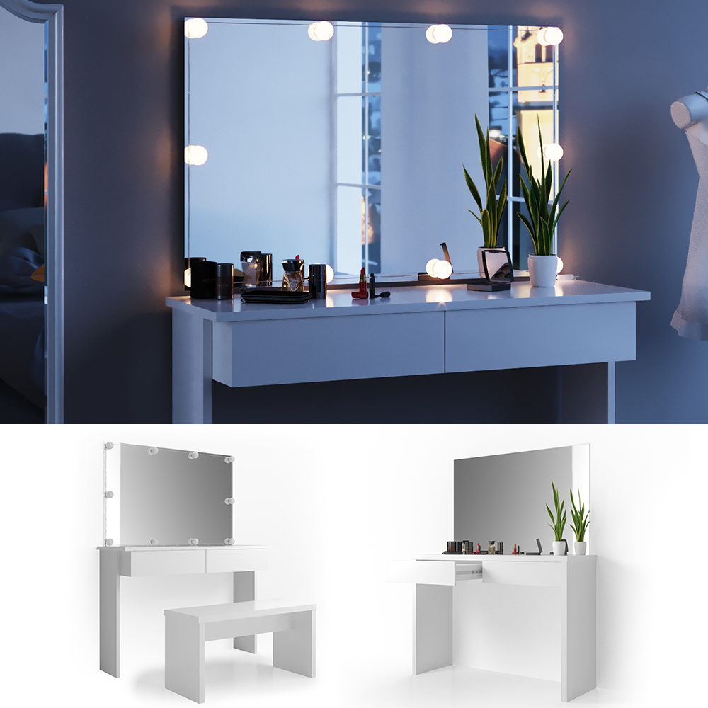 Coiffeuse moderne avec miroir LED Fino L90cm Blanc