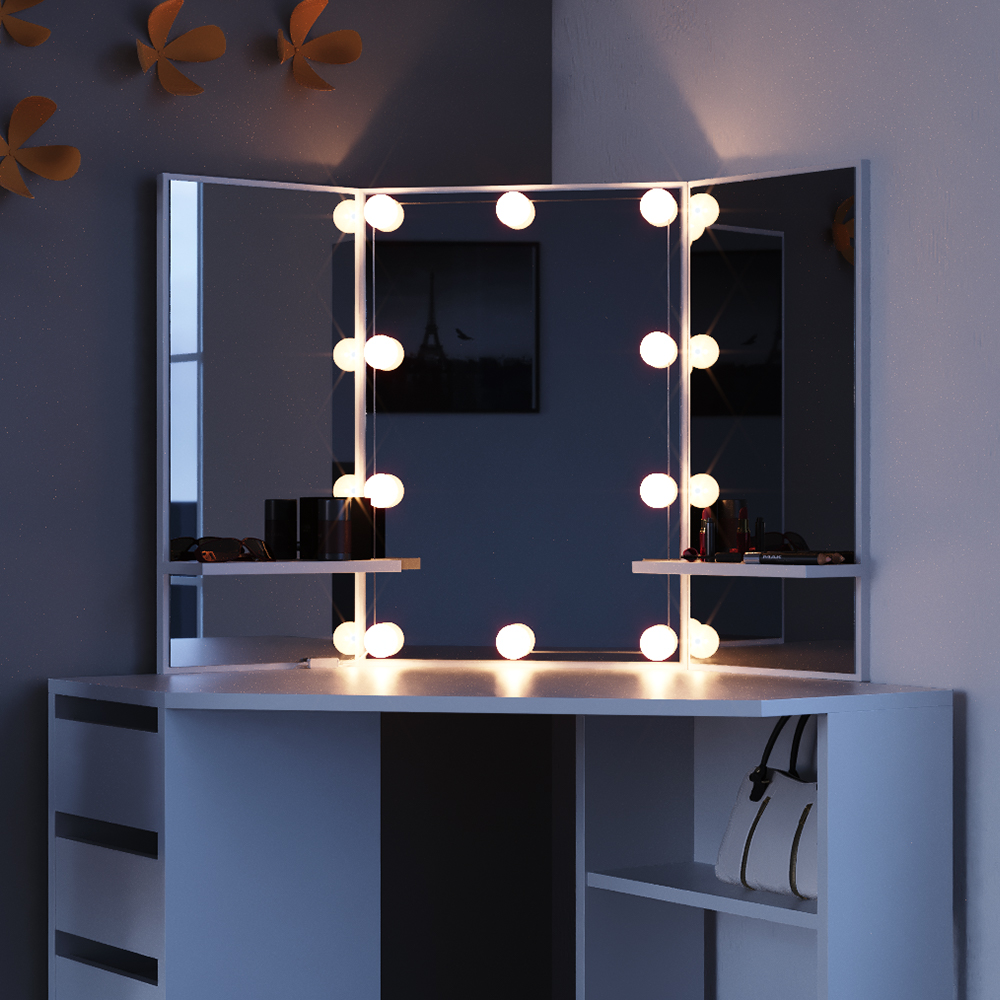 Eckschminktisch "Arielle" Weiß 110 cm mit LED Beleuchtung und Hocker livinity®