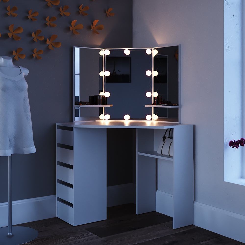 Eckschminktisch "Arielle" Weiß 110 cm mit LED Beleuchtung und Hocker livinity®