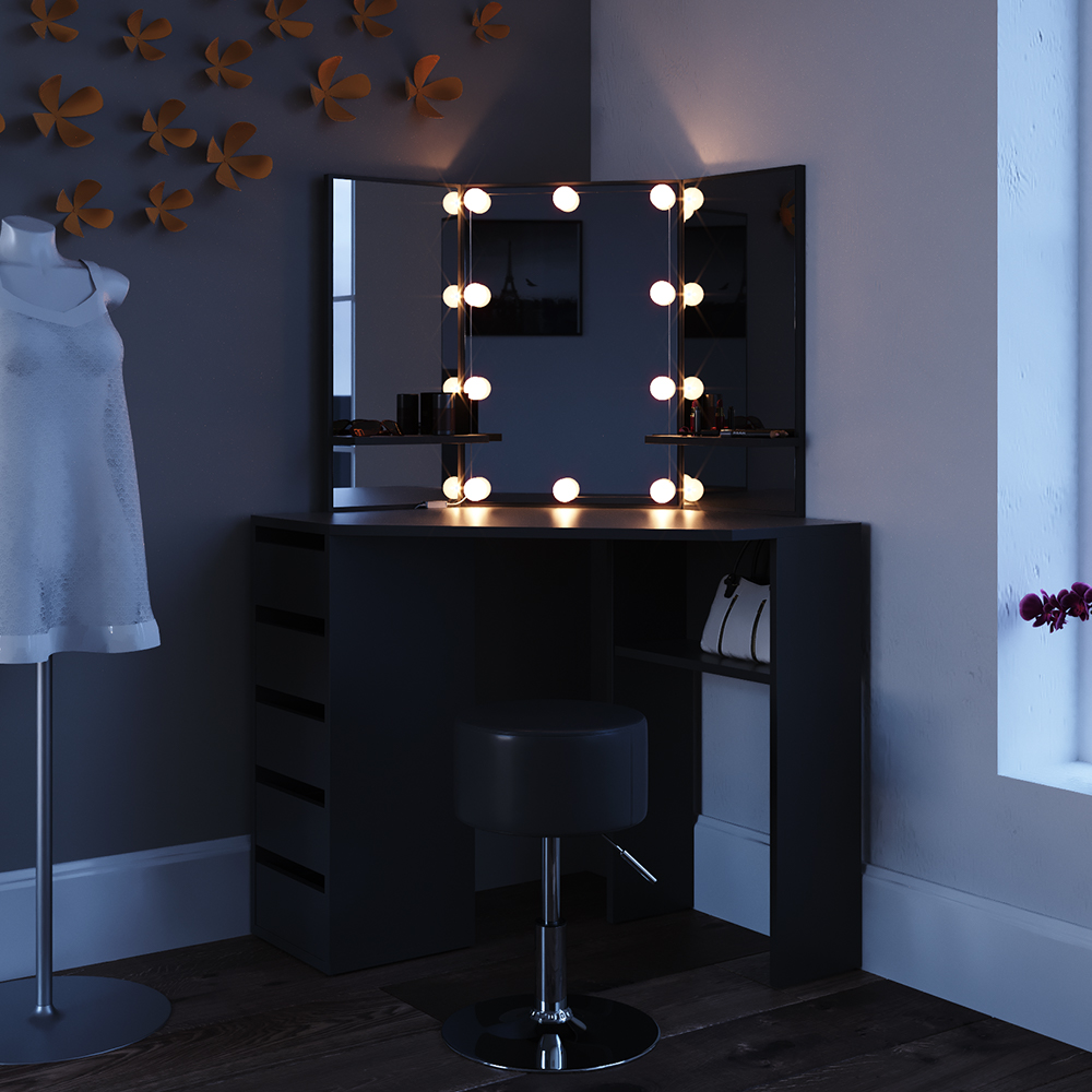 Eckschminktisch "Arielle" Schwarz 110 cm mit LED Beleuchtung und Hocker livinity®