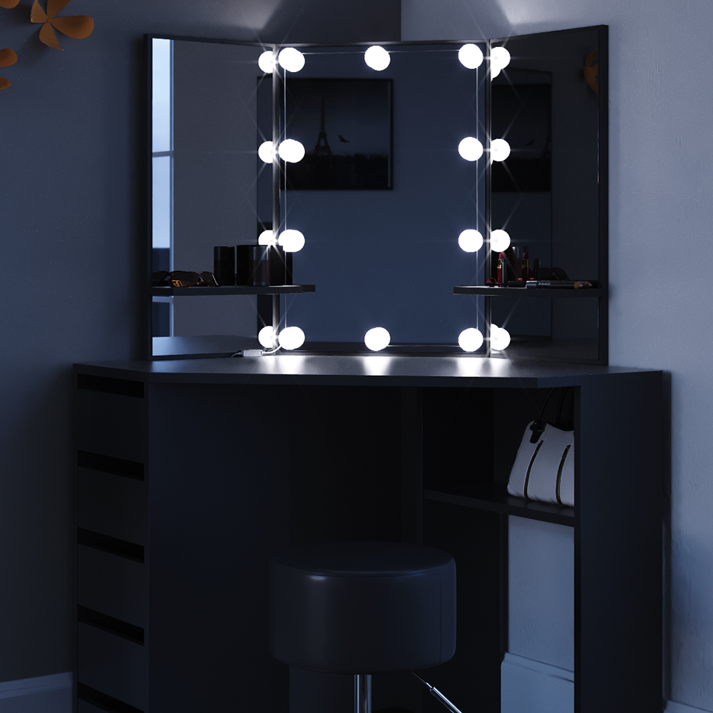 Eckschminktisch "Arielle" Schwarz 110 cm mit LED Beleuchtung und Hocker livinity®