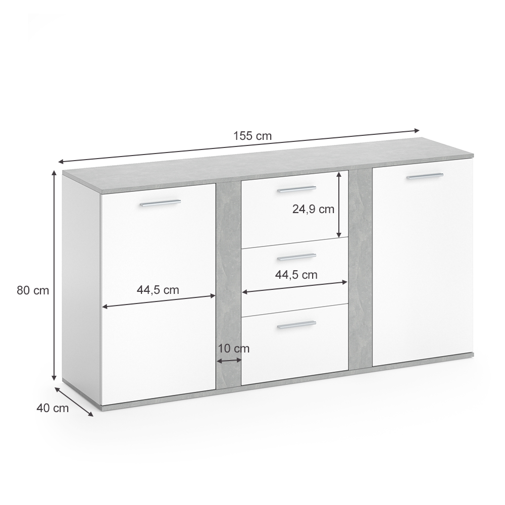 Sideboard "Novelli" Beton/Weiß 155 x 80 cm mit Schubladen livinity®