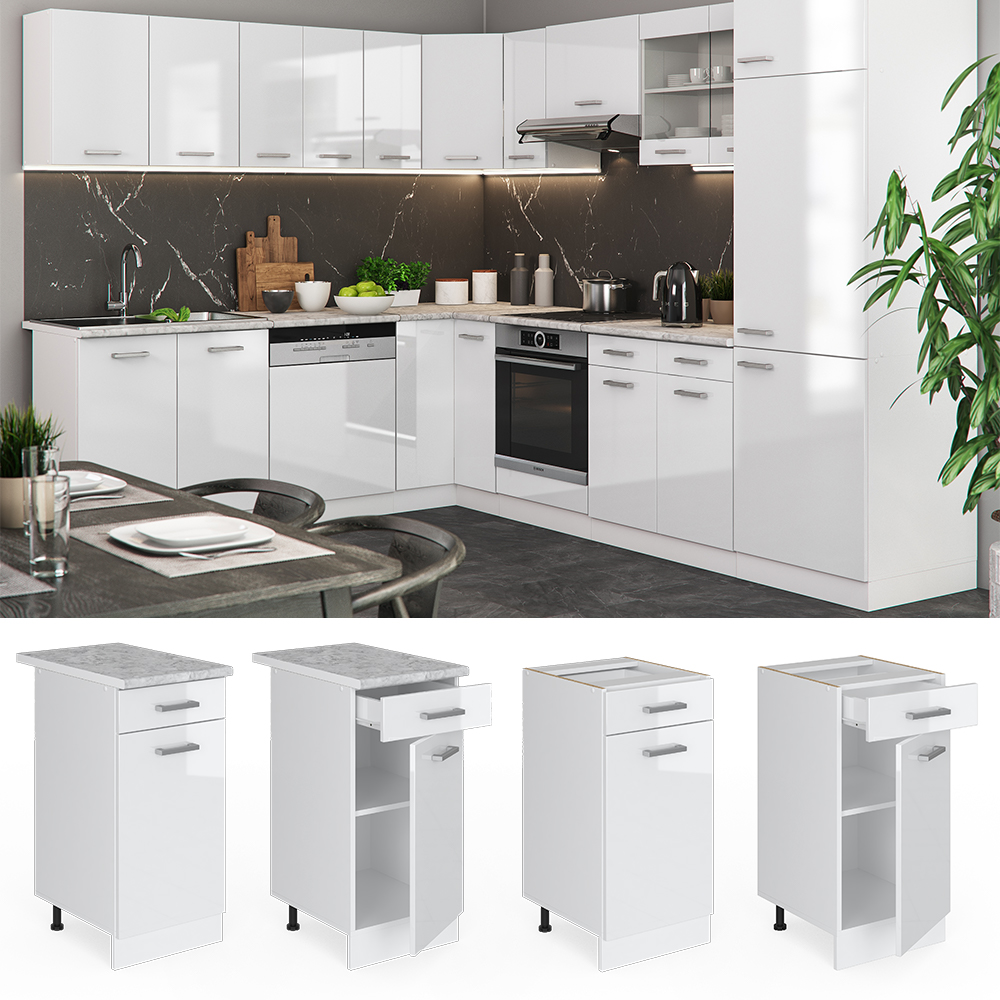 Küchenunterschrank "R-Line" Weiß Hochglanz/Weiß 40 cm , AP Marmor livinity®