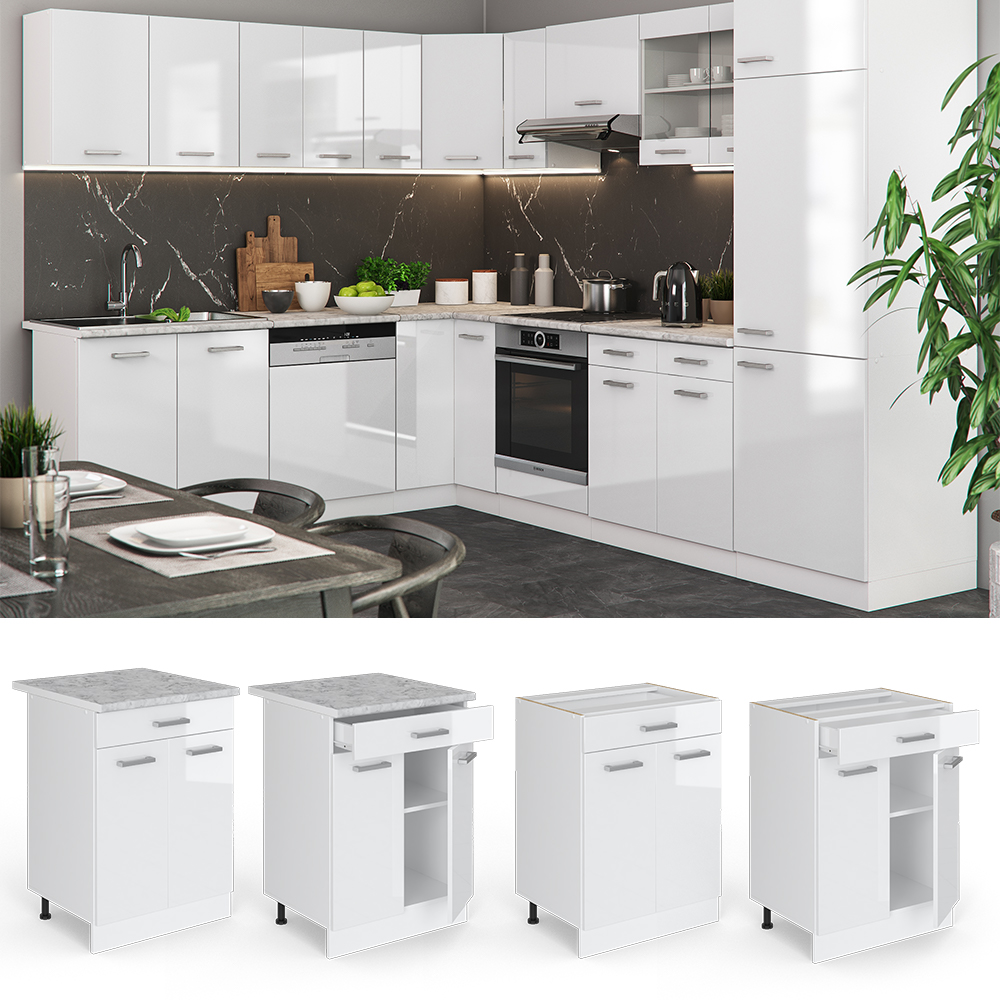 Küchenunterschrank "R-Line" Weiß Hochglanz/Weiß 60 cm mit Schublade, AP Marmor livinity®