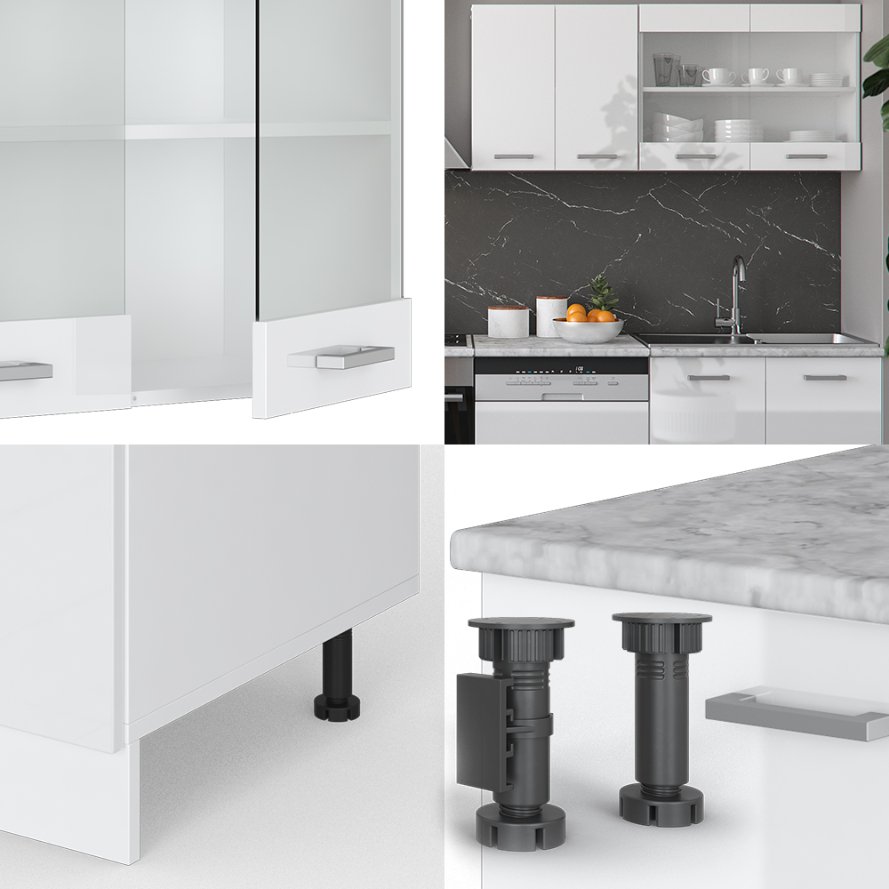 Küchenzeile "R-Line" Weiß Hochglanz/Weiß 300 cm , AP Marmor livinity®