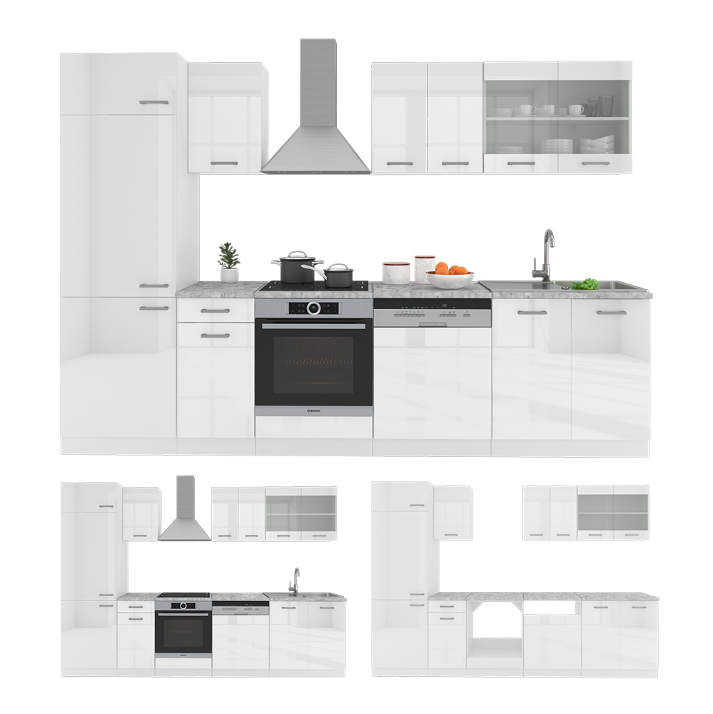 Küchenzeile "R-Line" Weiß Hochglanz/Weiß 300 cm , AP Marmor livinity®