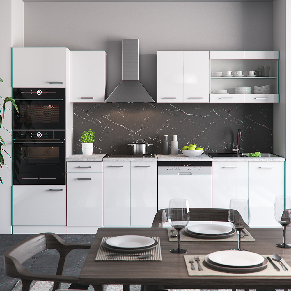 Küchenzeile "R-Line" Weiß Hochglanz/Weiß 300 cm mit Hochschrank, AP Marmor livinity®