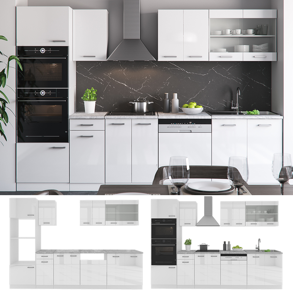 Küchenzeile "R-Line" Weiß Hochglanz/Weiß 300 cm mit Hochschrank, AP Marmor livinity®