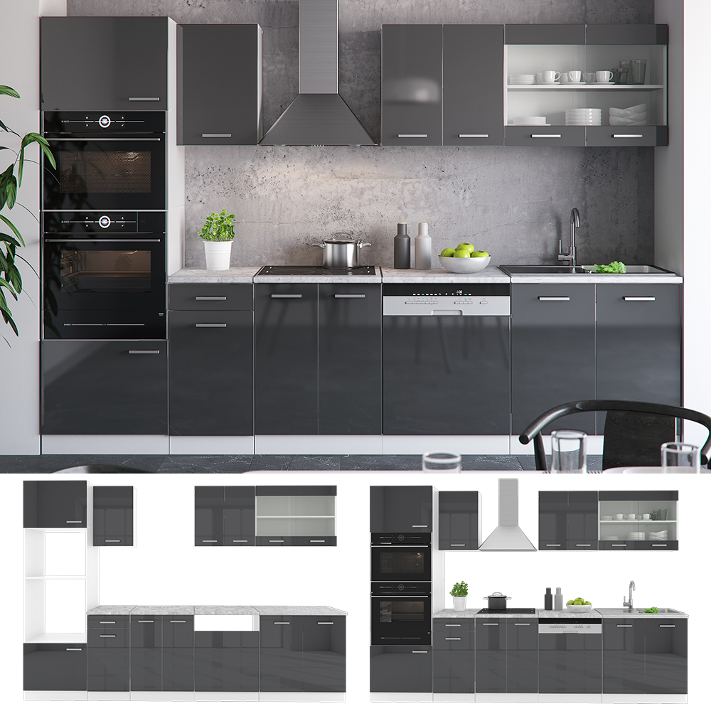 Küchenzeile "R-Line" Anthrazit Hochglanz/Weiß 300 cm mit Hochschrank, AP Marmor livinity®