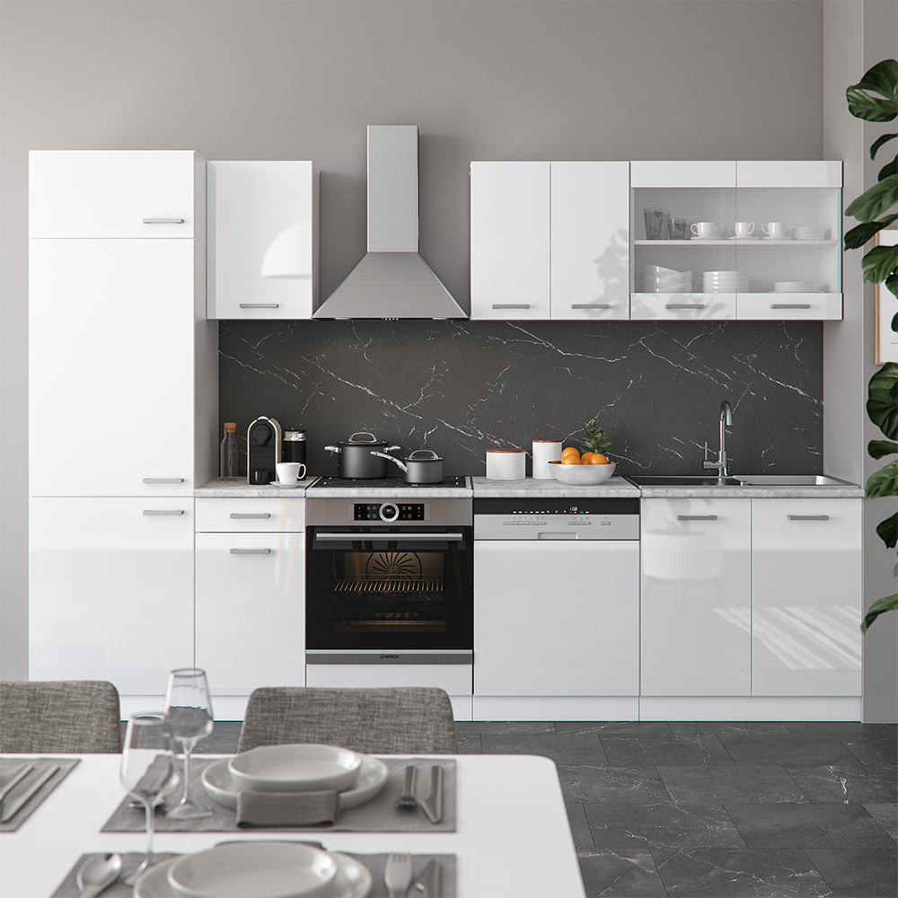 Küchenzeile "R-Line" Weiß Hochglanz/Weiß 300 cm ohne Arbeitsplatte livinity®