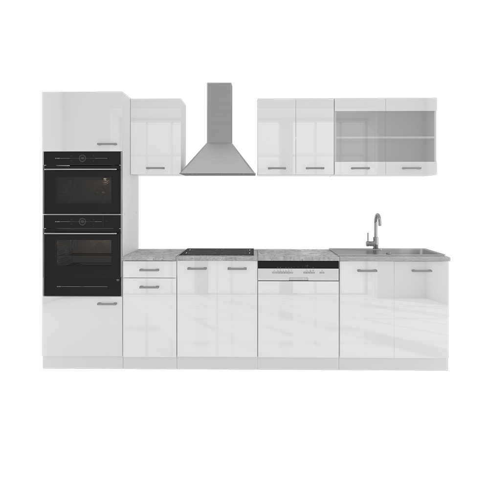 Küchenzeile "R-Line" Weiß Hochglanz/Weiß 300 cm mit Hochschrank, ohne Arbeitsplatte livinity®