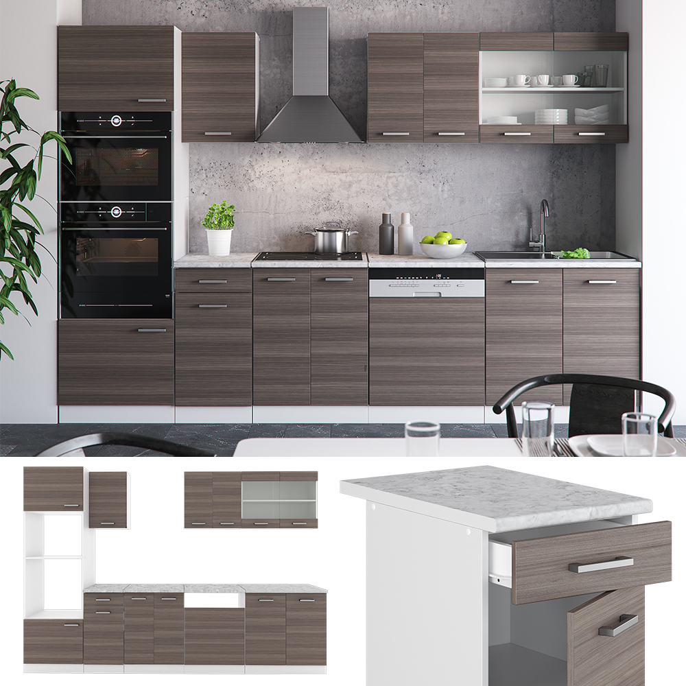 Küchenzeile "R-Line" Edelgrau/Weiß 300 cm mit Hochschrank, AP Marmor livinity®