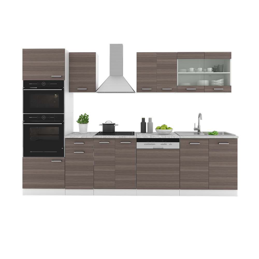 Küchenzeile "R-Line" Edelgrau/Weiß 300 cm mit Hochschrank, ohne Arbeitsplatte livinity®