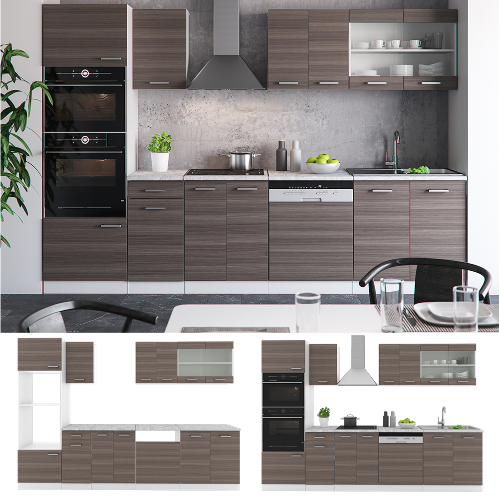 Küchenzeile "R-Line" Edelgrau/Weiß 300 cm mit Hochschrank, ohne Arbeitsplatte livinity®