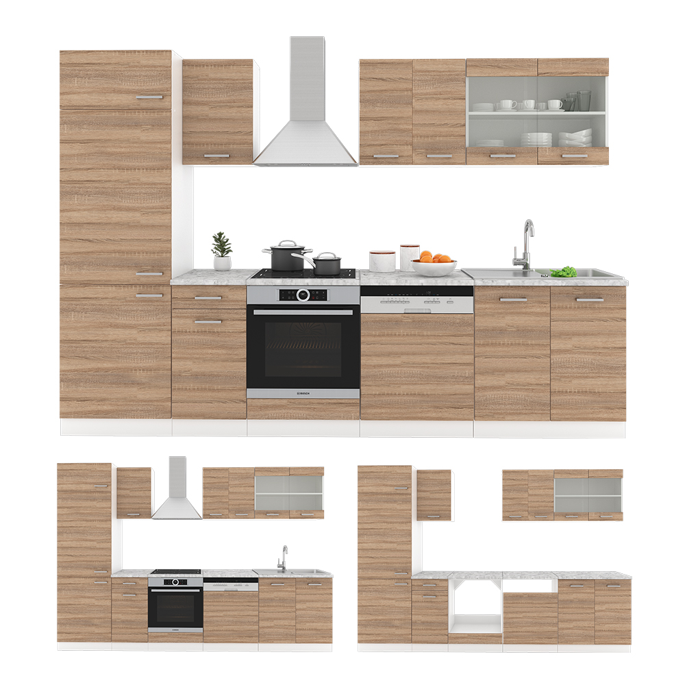Küchenzeile "R-Line" Sonoma/Weiß 300 cm , AP Marmor livinity®