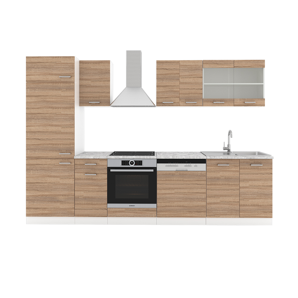 Küchenzeile "R-Line" Sonoma/Weiß 300 cm ohne Arbeitsplatte livinity®