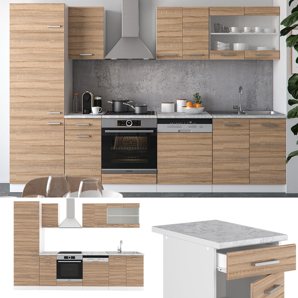 Küchenzeile "R-Line" Sonoma/Weiß 300 cm ohne Arbeitsplatte livinity®