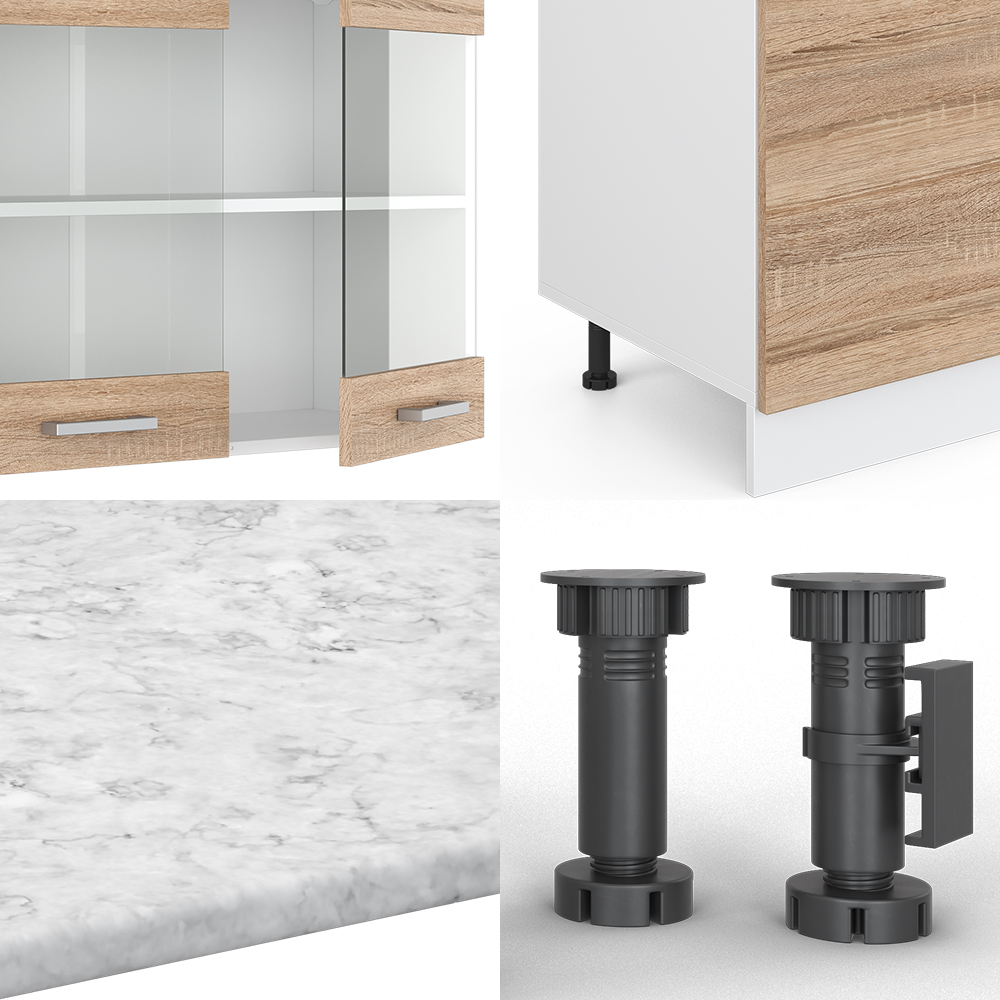 Küchenzeile "R-Line" Sonoma/Weiß 300 cm mit Hochschrank, AP Marmor livinity®