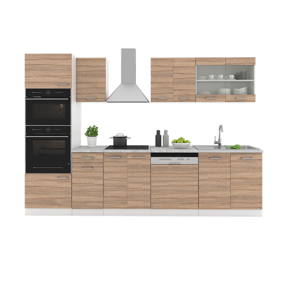 Küchenzeile "R-Line" Sonoma/Weiß 300 cm mit Hochschrank, AP Marmor livinity®