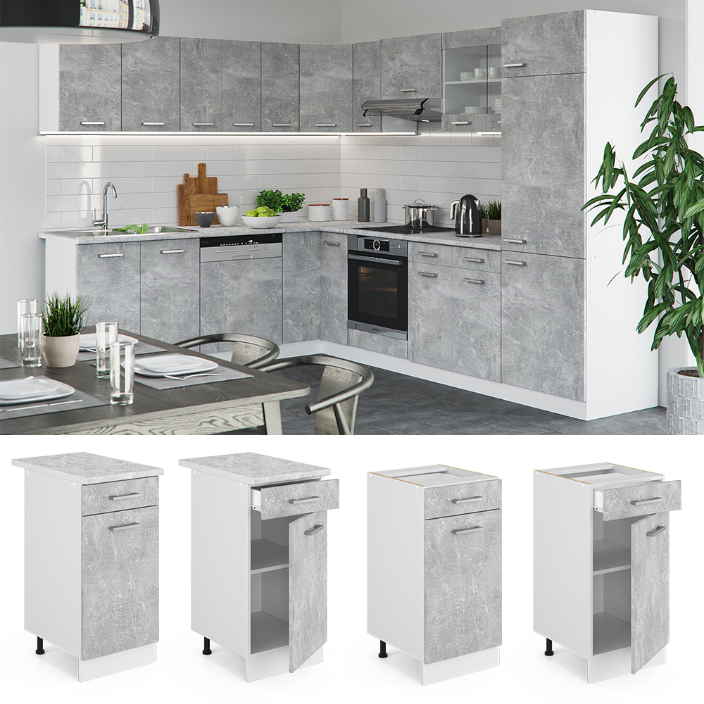 Küchenunterschrank "R-Line" Beton/Weiß 40 cm ohne Arbeitsplatte livinity®