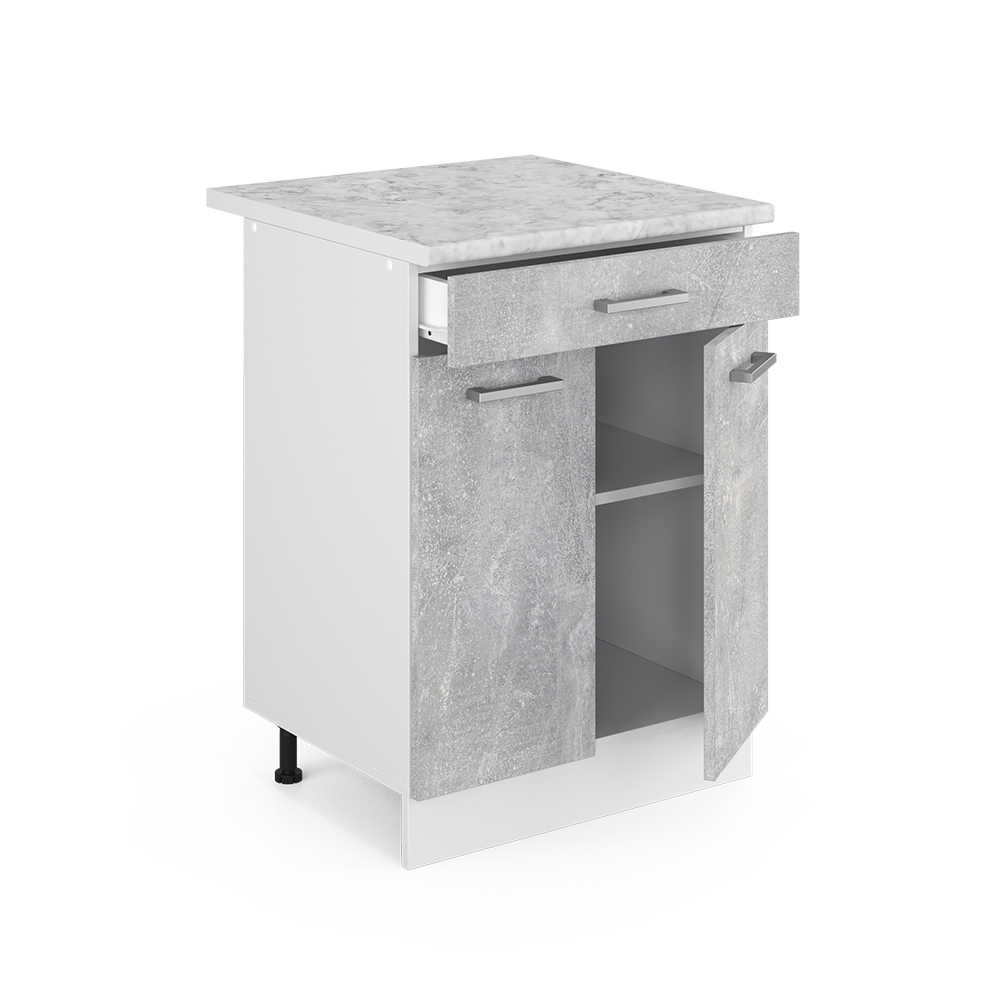 Küchenunterschrank "R-Line" Beton/Weiß 60 cm mit Schublade, AP Marmor livinity®