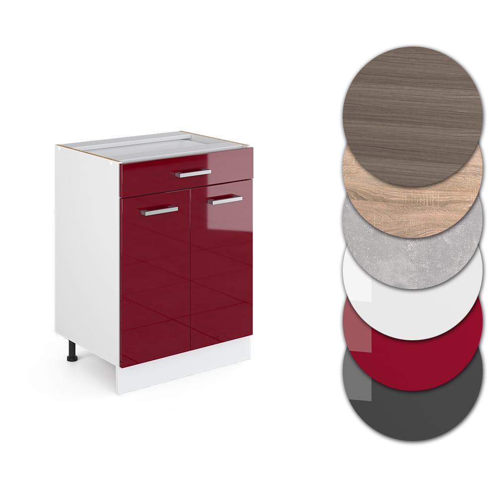 Küchenunterschrank "R-Line" Bordeaux Hochglanz/Weiß 60 cm mit Schublade, ohne Arbeitsplatte livinity®