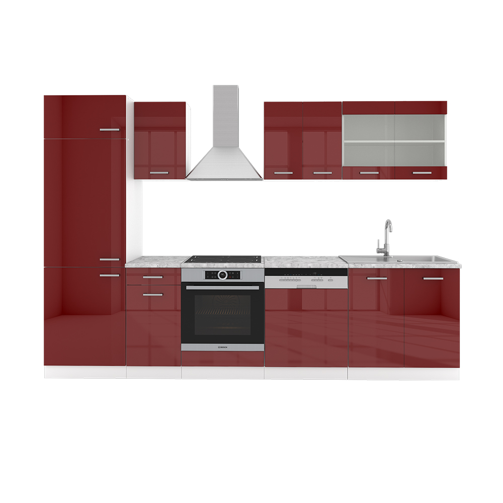 Küchenzeile "R-Line" Bordeaux Hochglanz/Weiß 300 cm ohne Arbeitsplatte livinity®