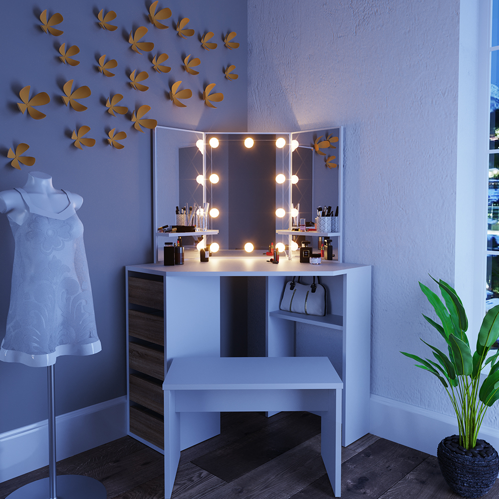 Eckschminktisch "Arielle" Weiß/Sonoma/Sonoma 110 cm mit LED Beleuchtung und Bank livinity®