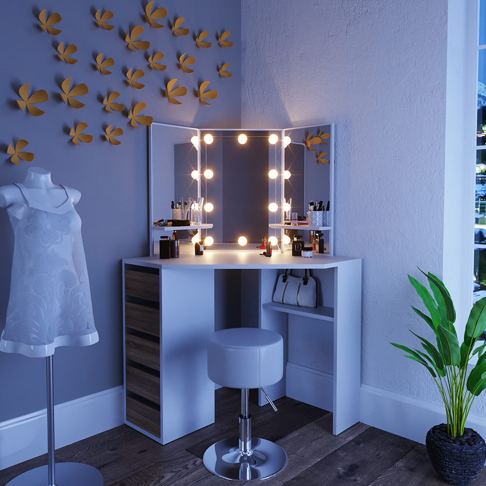 Eckschminktisch "Arielle" Weiß/Sonoma/Sonoma 110 cm mit LED Beleuchtung und Hocker livinity®