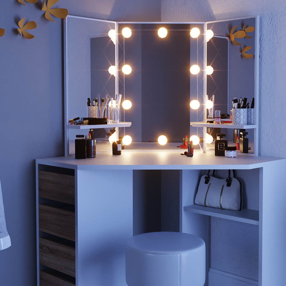 Eckschminktisch "Arielle" Weiß/Sonoma/Sonoma 110 cm mit LED Beleuchtung und Hocker livinity®