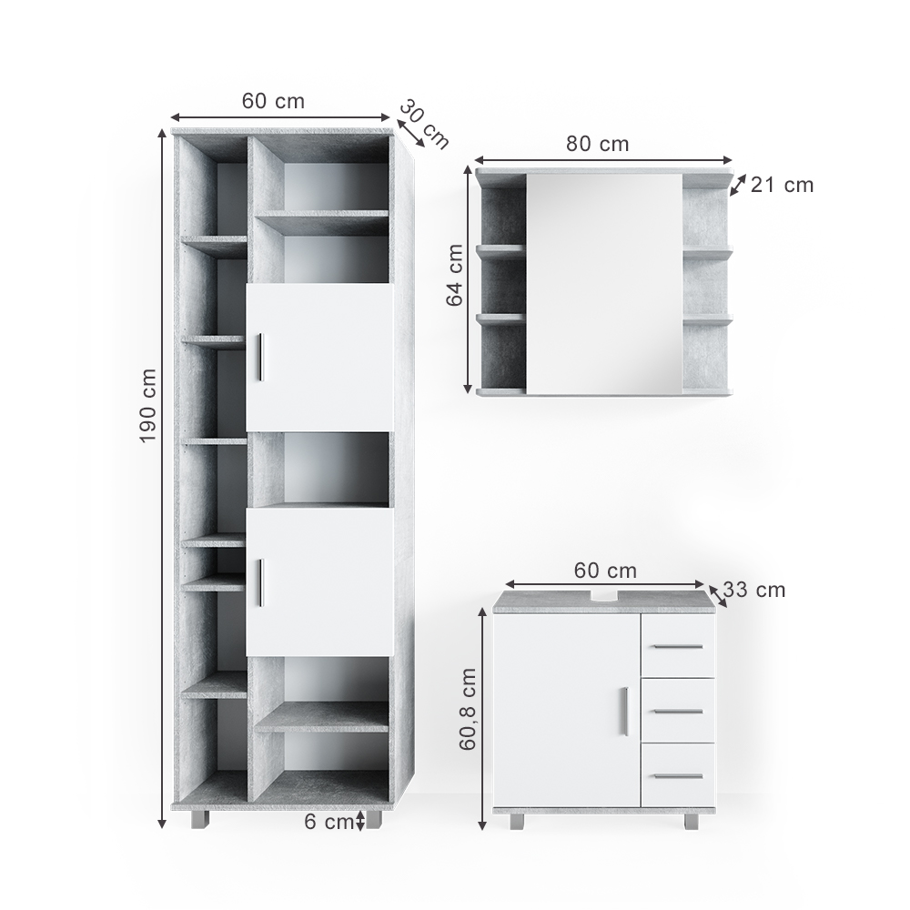 Badmöbel Set "Ilias" Beton/Weiß 3 Teile, mit Hochschrank livinity®