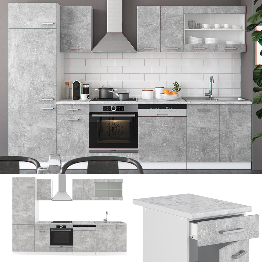 Küchenzeile "R-Line" Beton/Weiß 300 cm ohne Arbeitsplatte livinity®