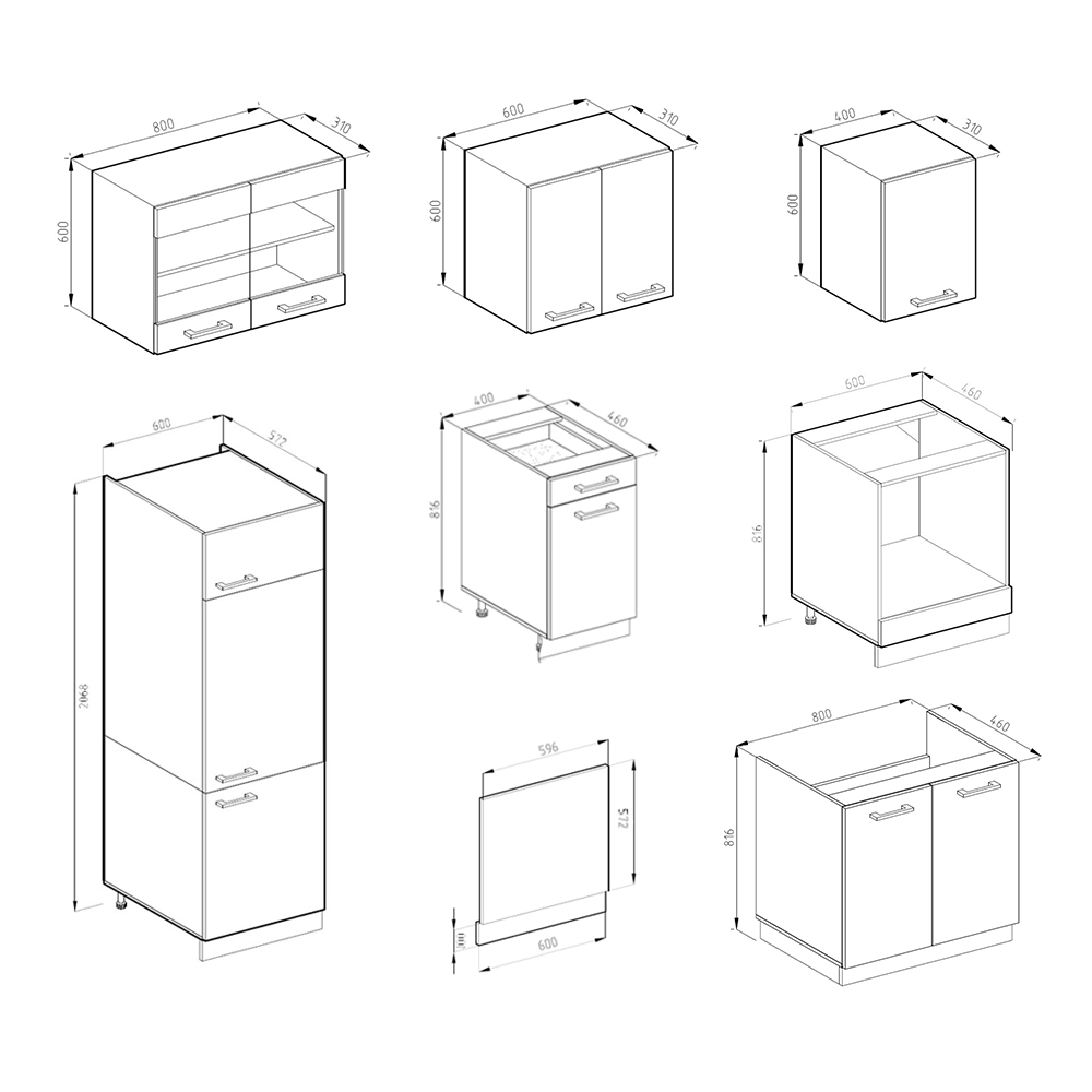 Küchenzeile "R-Line" Beton/Weiß 300 cm ohne Arbeitsplatte livinity®