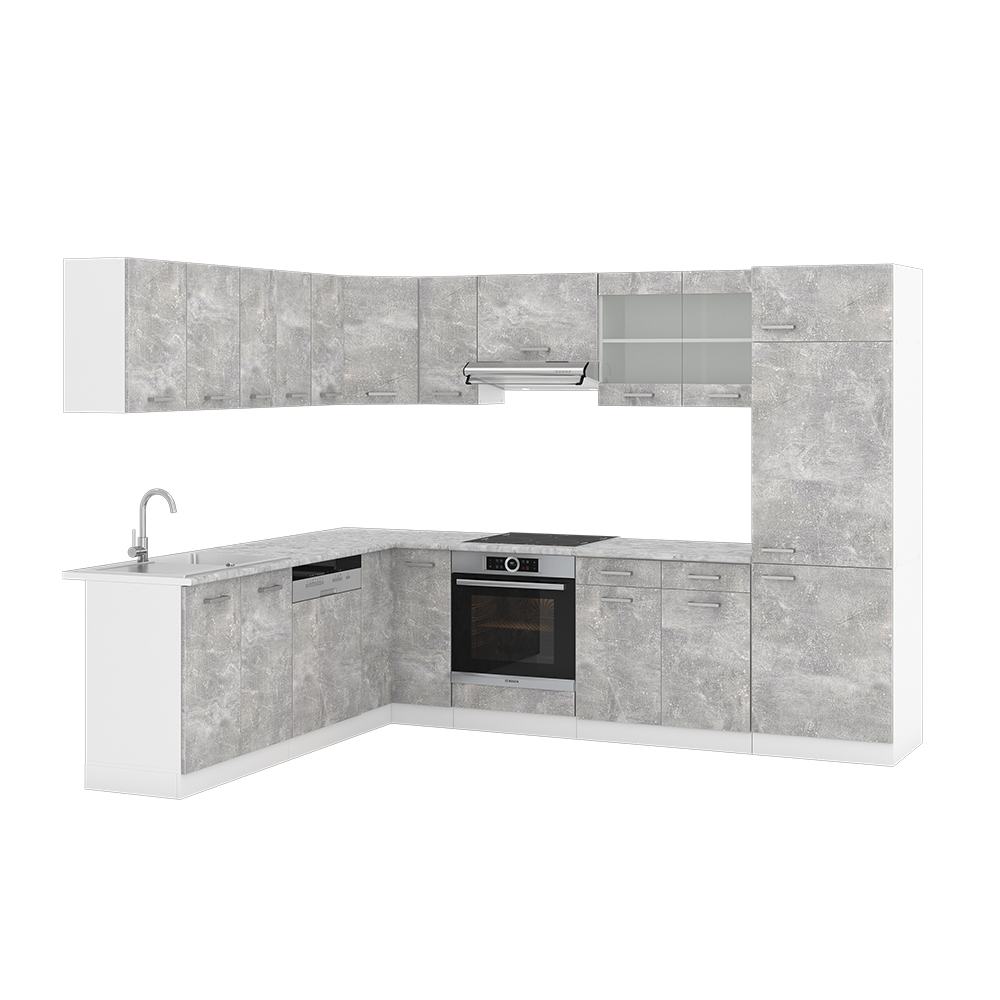 Eckküche "R-Line" Beton/Weiß 227 x 287 cm ohne Arbeitsplatte livinity®