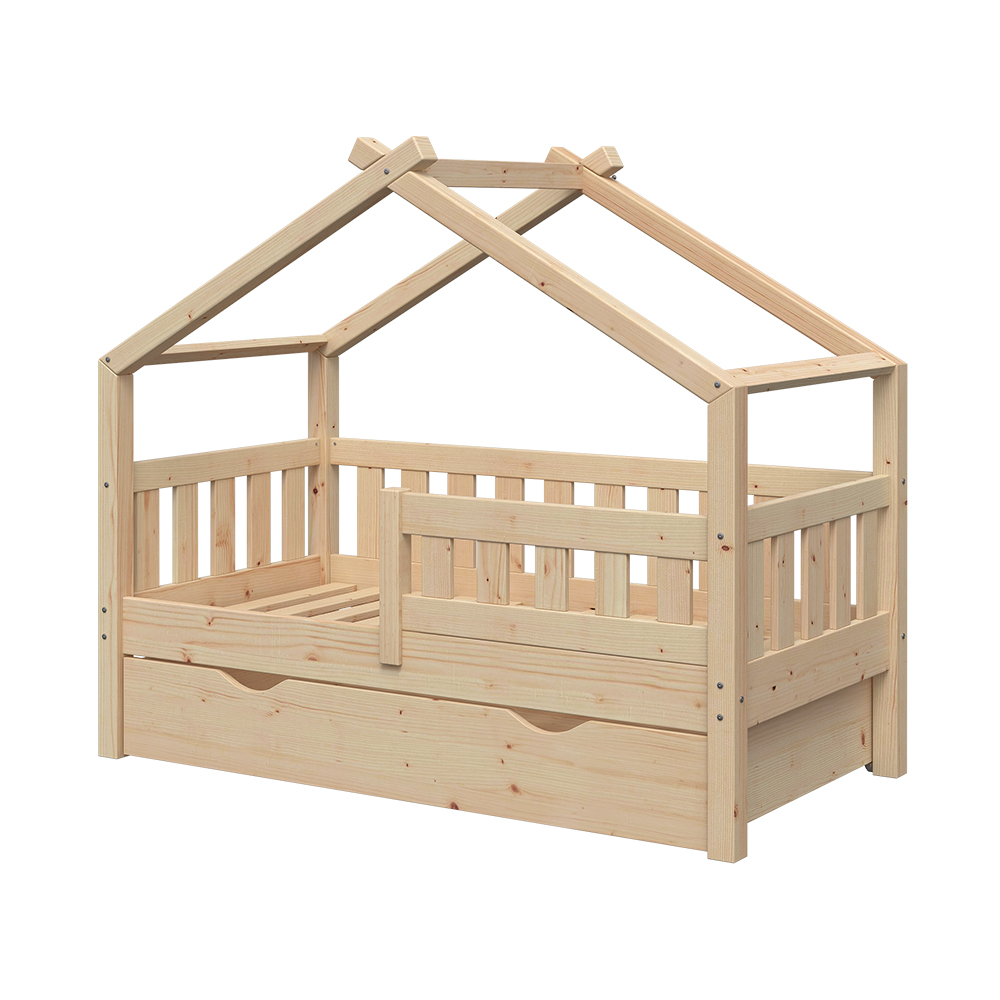 Lit cabane enfant en bois avec barrière 80x160cm –