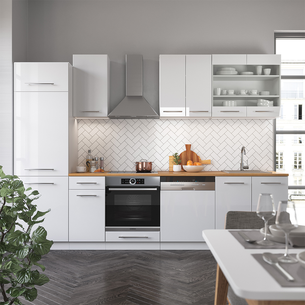Küchenzeile "Fame-Line" Weiß Hochglanz/Weiß 300 cm ohne Arbeitsplatte livinity®