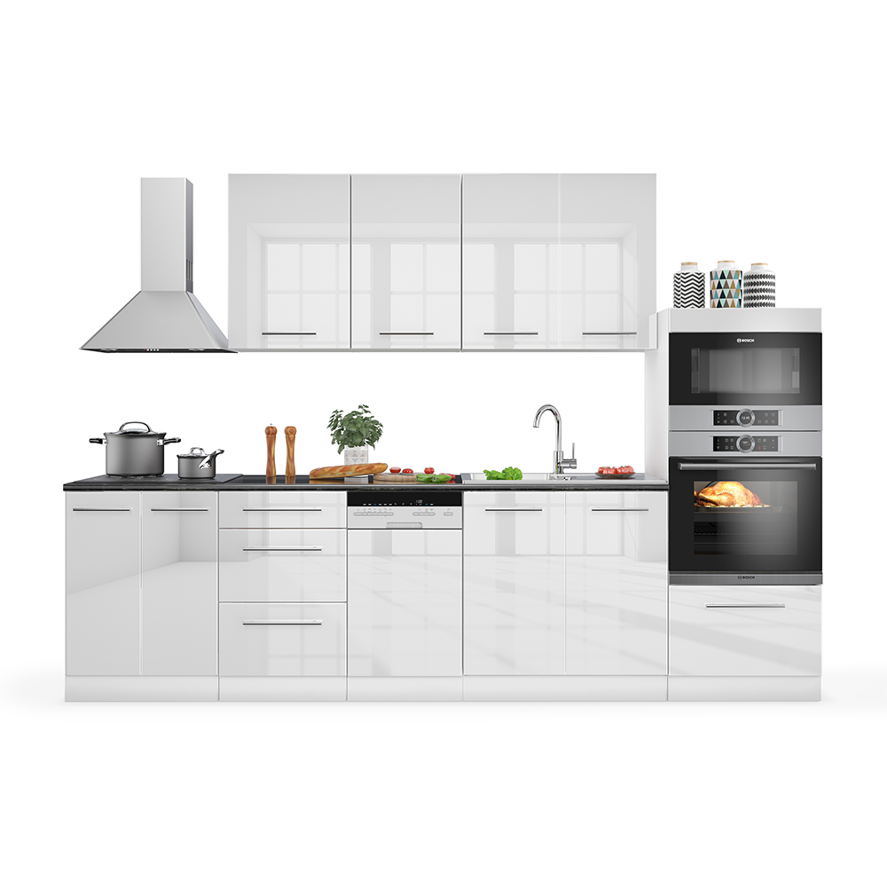 Küchenzeile "Fame-Line" Weiß Hochglanz/Weiß 295 cm ohne Arbeitsplatte livinity®